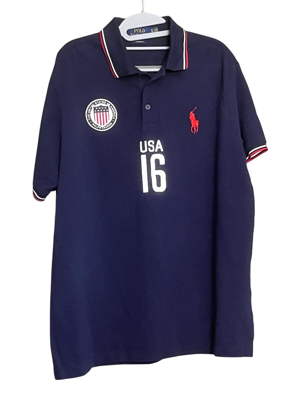 Ralph Lauren Navy Polo with Red Logo & White USA 16